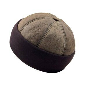 Winter Leather Hat Shearling Sheepskin Fur Beanie Hat Skull Olive Hat